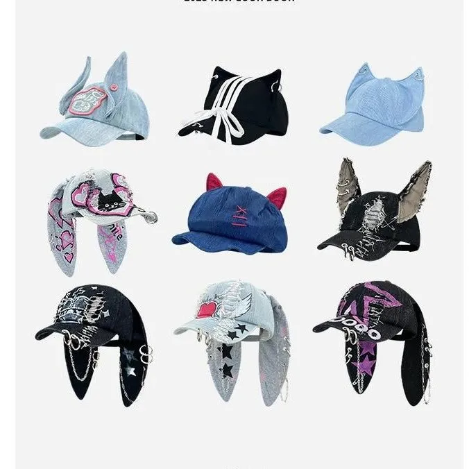 韩国newjeans同款兔耳朵水洗破洞牛仔棒球帽女嘻哈辣妹街拍鸭舌帽 (27) - Image 1