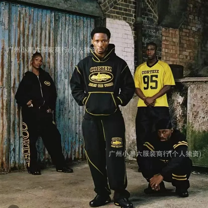 Corteiz 恶魔岛复古印花美潮高街宽松开衫连帽卫衣休闲长裤套装男 (6) - Image 1